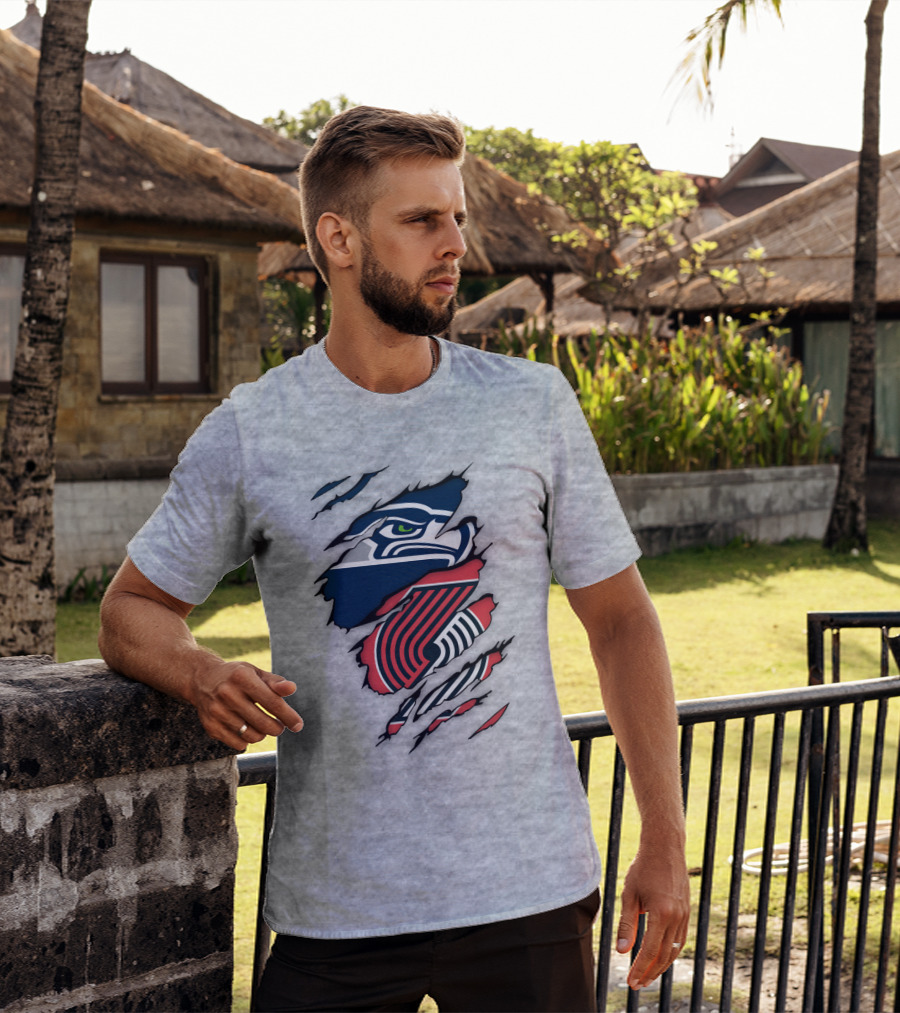 Portland Trail Blazers Seattle Seahawks Ripped Logo Fusion T-Shirt