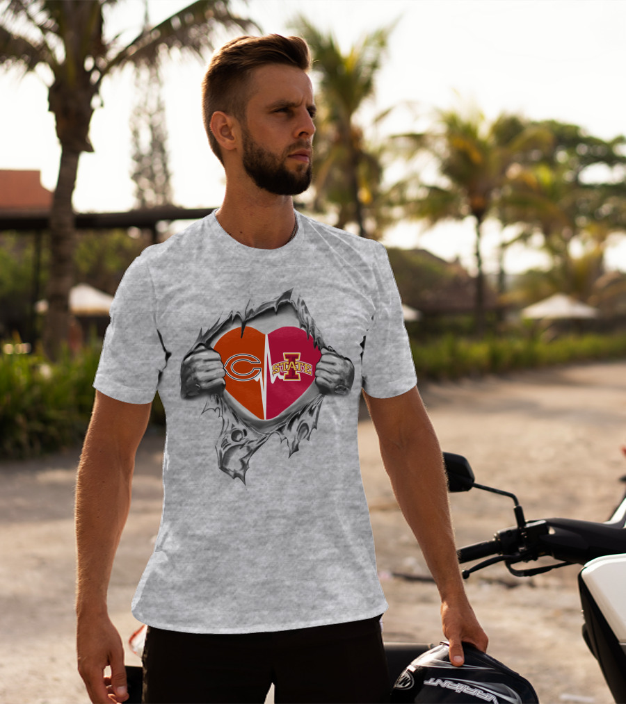 Iowa State Chicago Bears Logo Heart Ripped T-Shirt