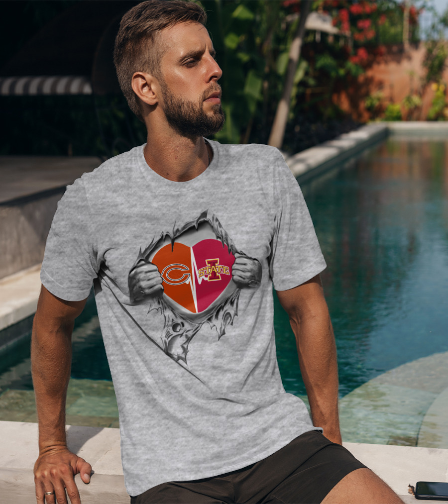 Iowa State Chicago Bears Logo Heart Ripped T-Shirt