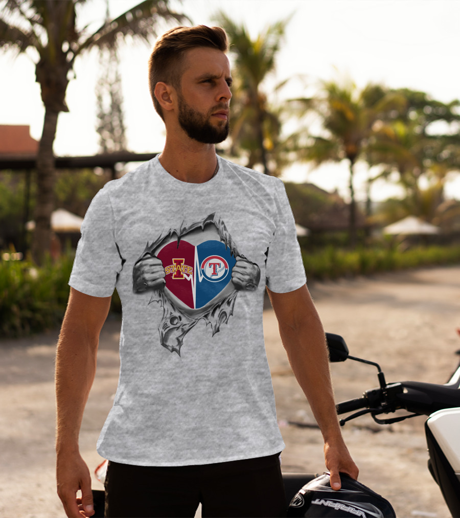Iowa State Cyclones And Texas Rangers Heart Burst Logo Collaboration T-Shirt