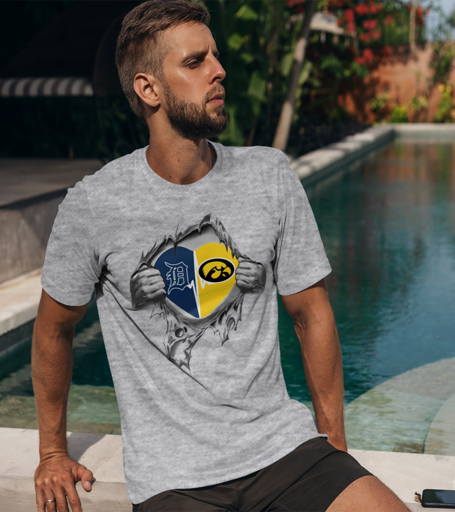Detroit Tigers Iowa Hawkeyes Heart Logo Fusion T-Shirt