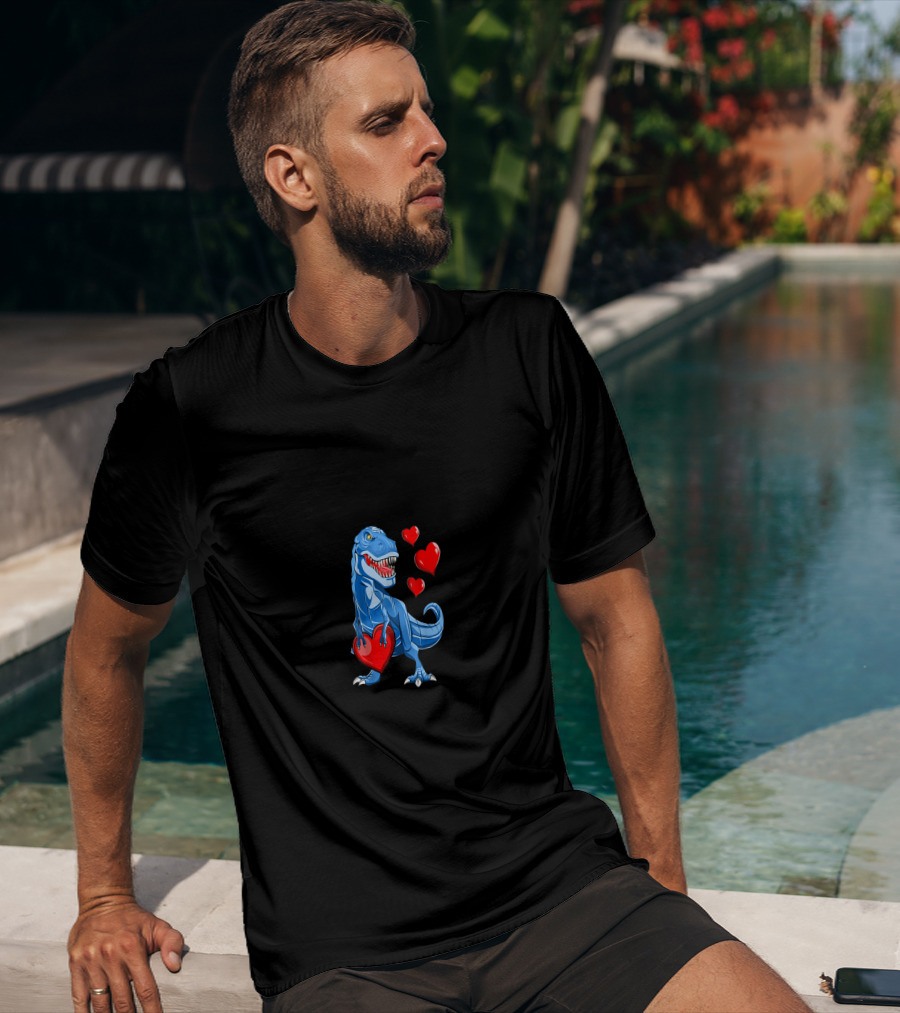 Valentine Blue Dinosaur With Hearts T-Shirt