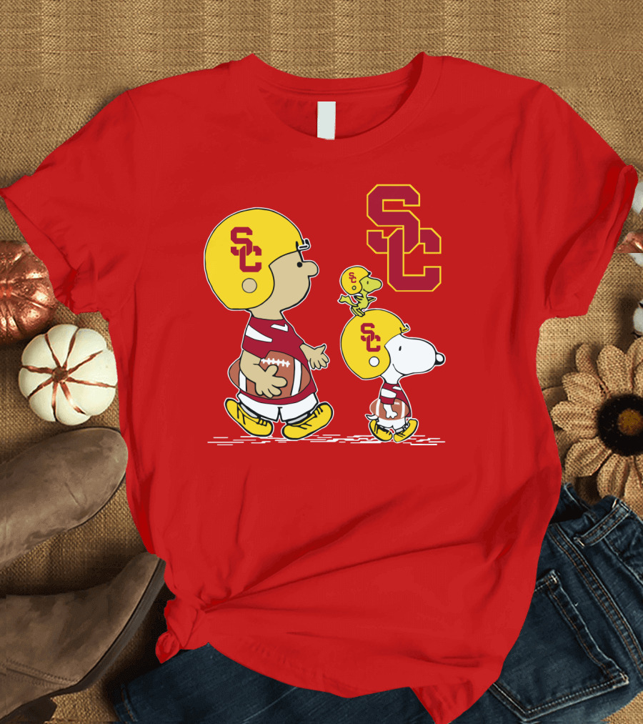 USC Trojans Peanuts Characters Football Theme With SC Helmets T-Shirt