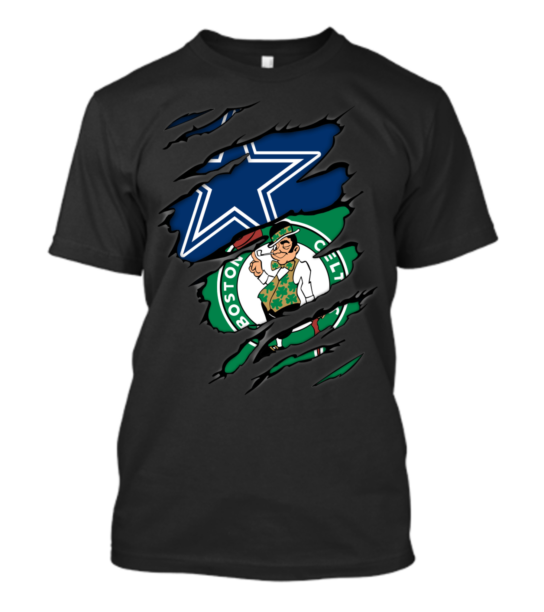 Cowboys Boston Celtics Logo Mashup Ripped T-Shirt