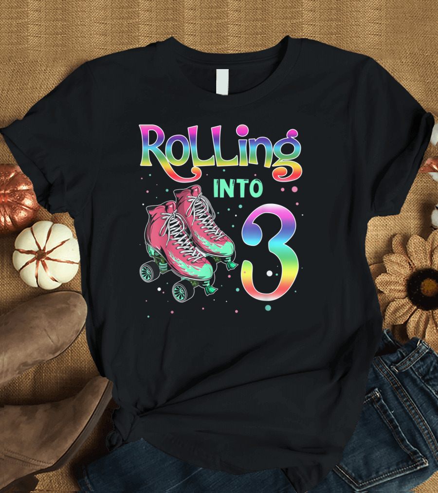 Rolling Into 3 Kids 3rd Birthday Roller Skates T-Shirt