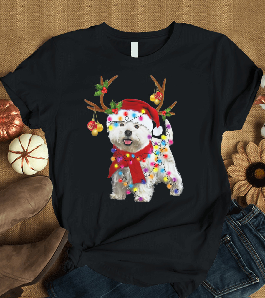 Santa Westie Dog Reindeer Lights Holiday T-Shirt