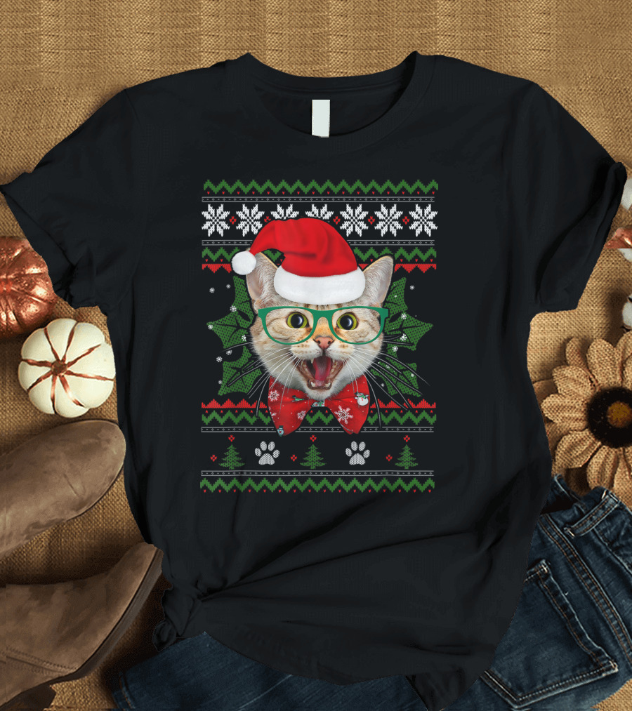 Santa Cat Holiday Ugly Christmas Sweater Look with Holly and Paws T-Shirt