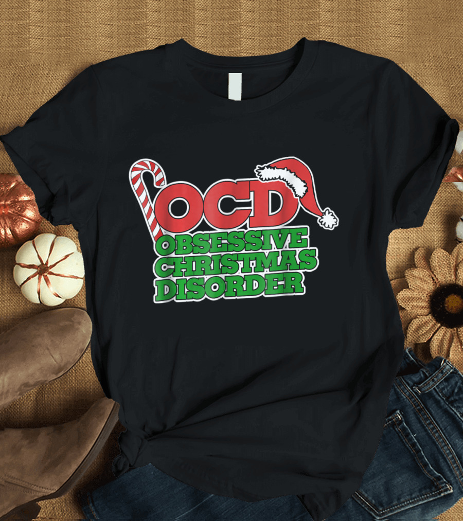 OCD Obsessive Christmas Disorder Candy Cane Santa Hat T-Shirt