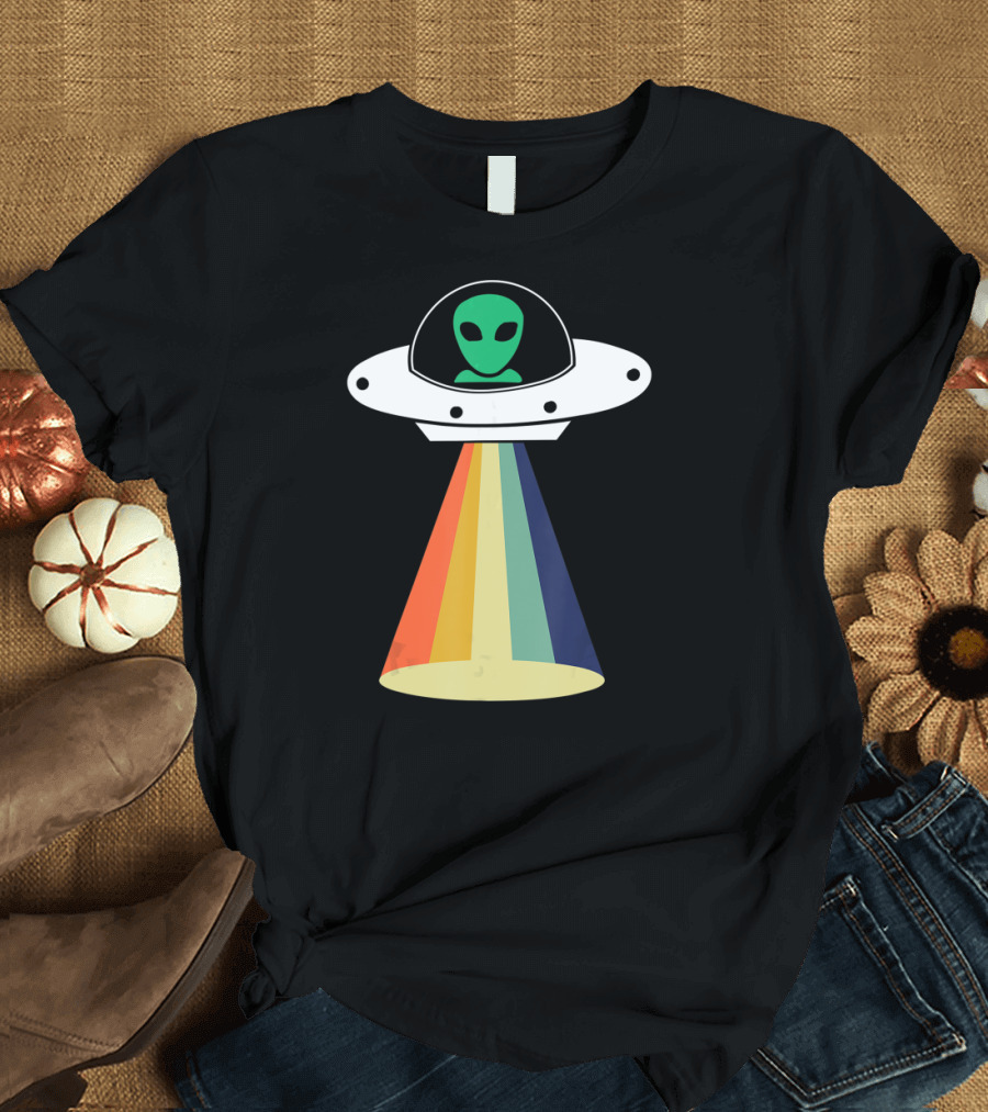 Rainbow Beam UFO Alien Christmas Outerspace Visitor T-Shirt