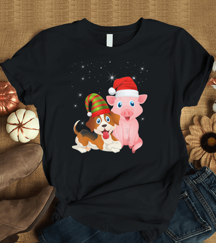Christmas Festive Dog Pig Santa Hats T-Shirt