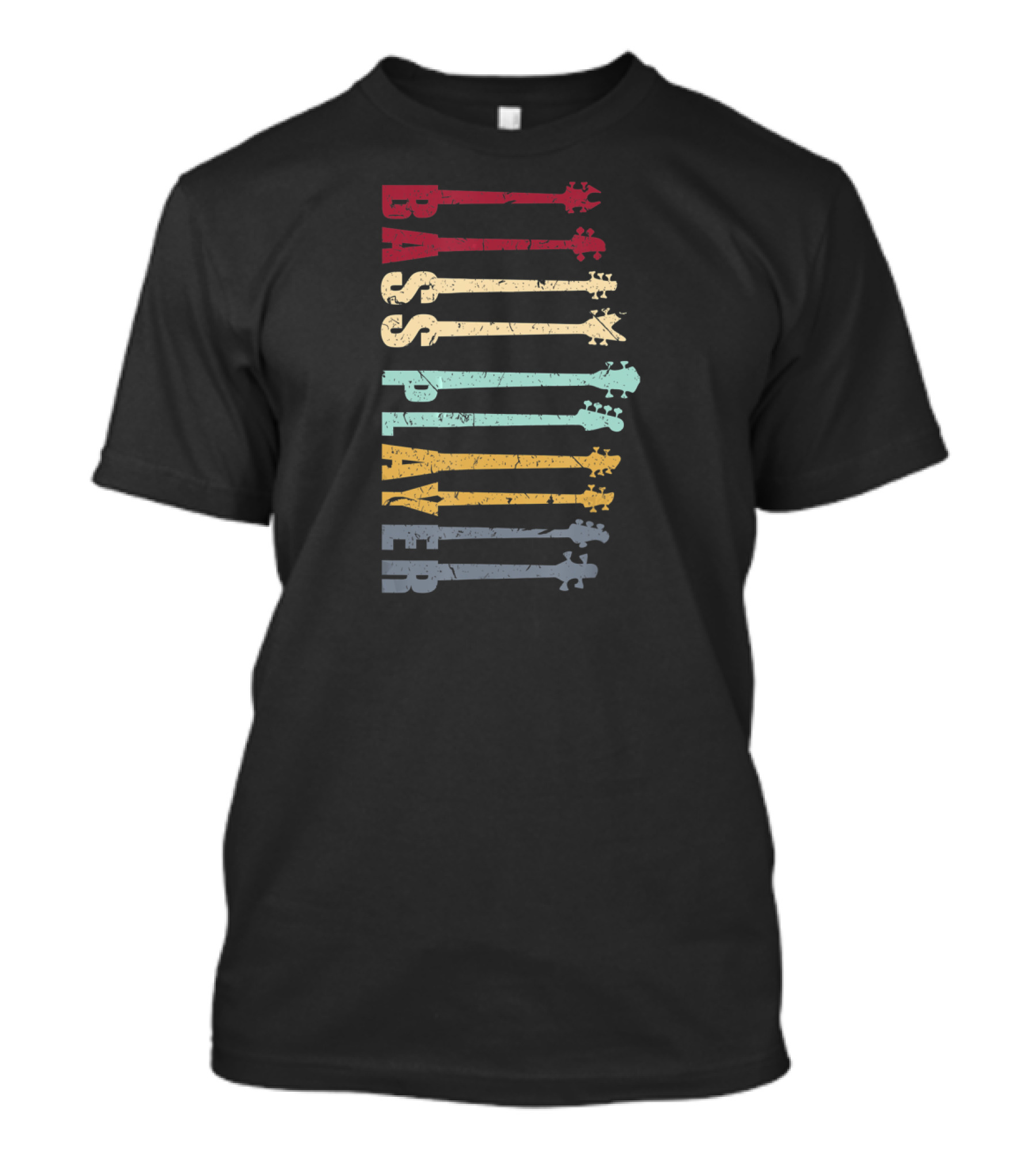 Funny BASS PLAYER Neck Vintage Colorful Guitar Heads T-Shirt