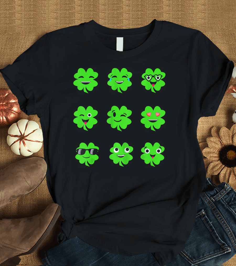 St Patricks Day Irish Shamrock Emoji Faces with Heart Eyes and Sunglasses T-Shirt