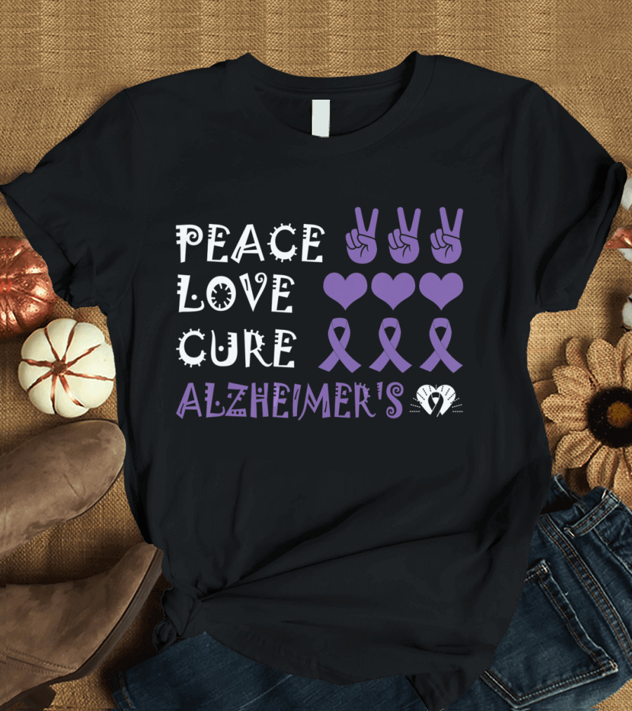 Peace Love Cure Alzheimer's Purple Ribbons Hearts and Peace Signs T-Shirt