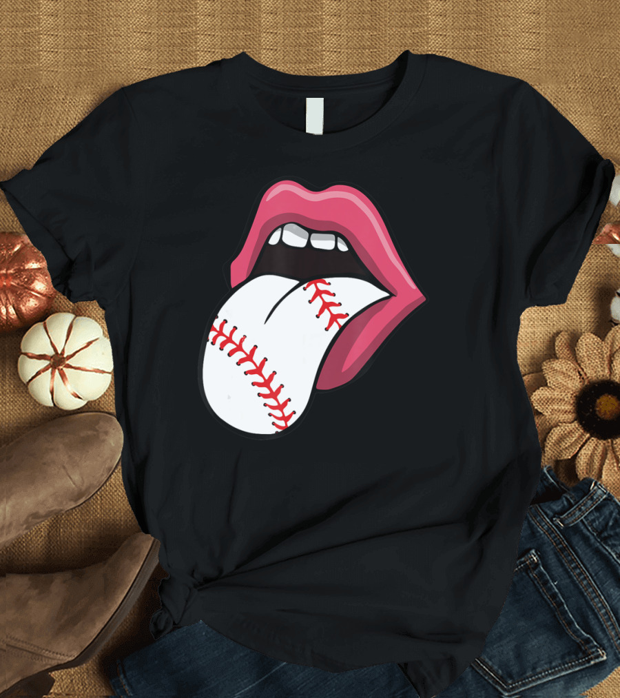 Baseball Stitch Red Lips Tongue T-Shirt