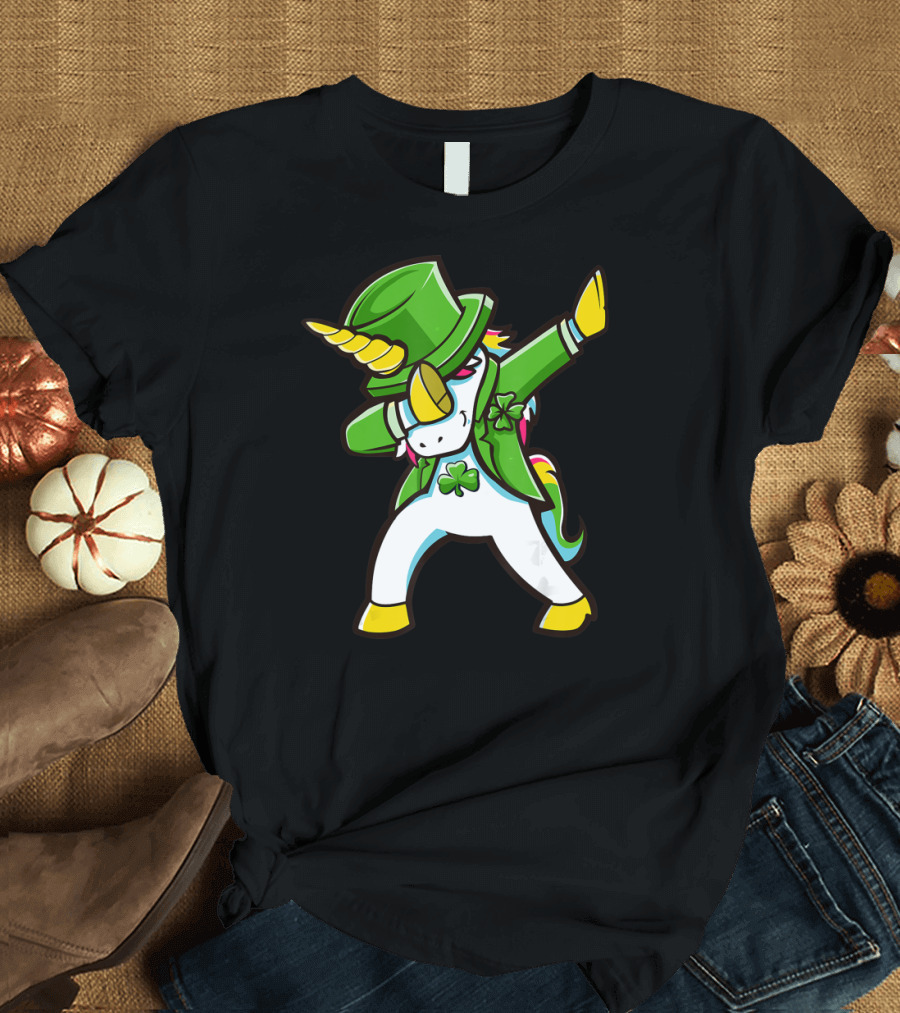 St Patricks Unicorn Dabbing Shamrock Hat Green Jacket T-Shirt