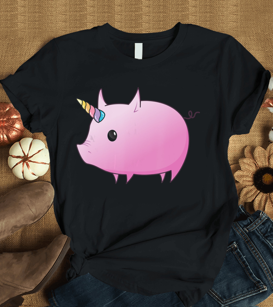 Unicorn Pig Rainbow Horn Adorable Cartoon Character T-Shirt