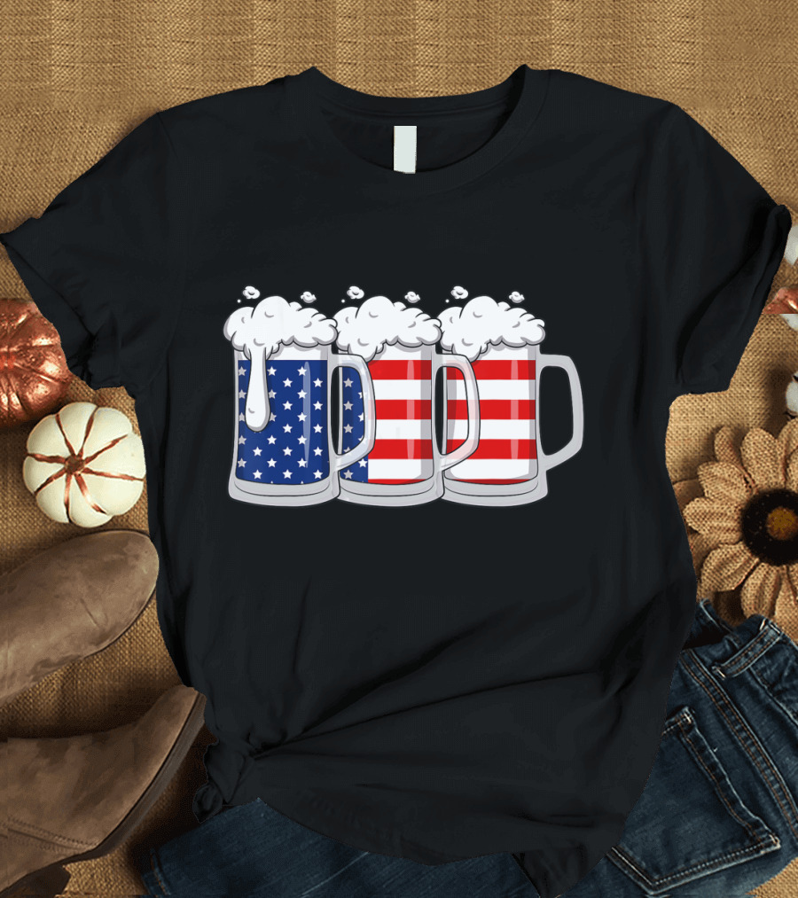 4th of July Beer Mugs with USA Flag T-Shirt