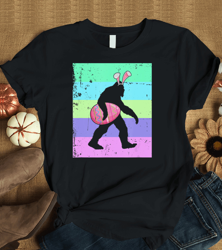 Retro Bigfoot Easter Bunny with Egg Rainbow Stripes T-Shirt