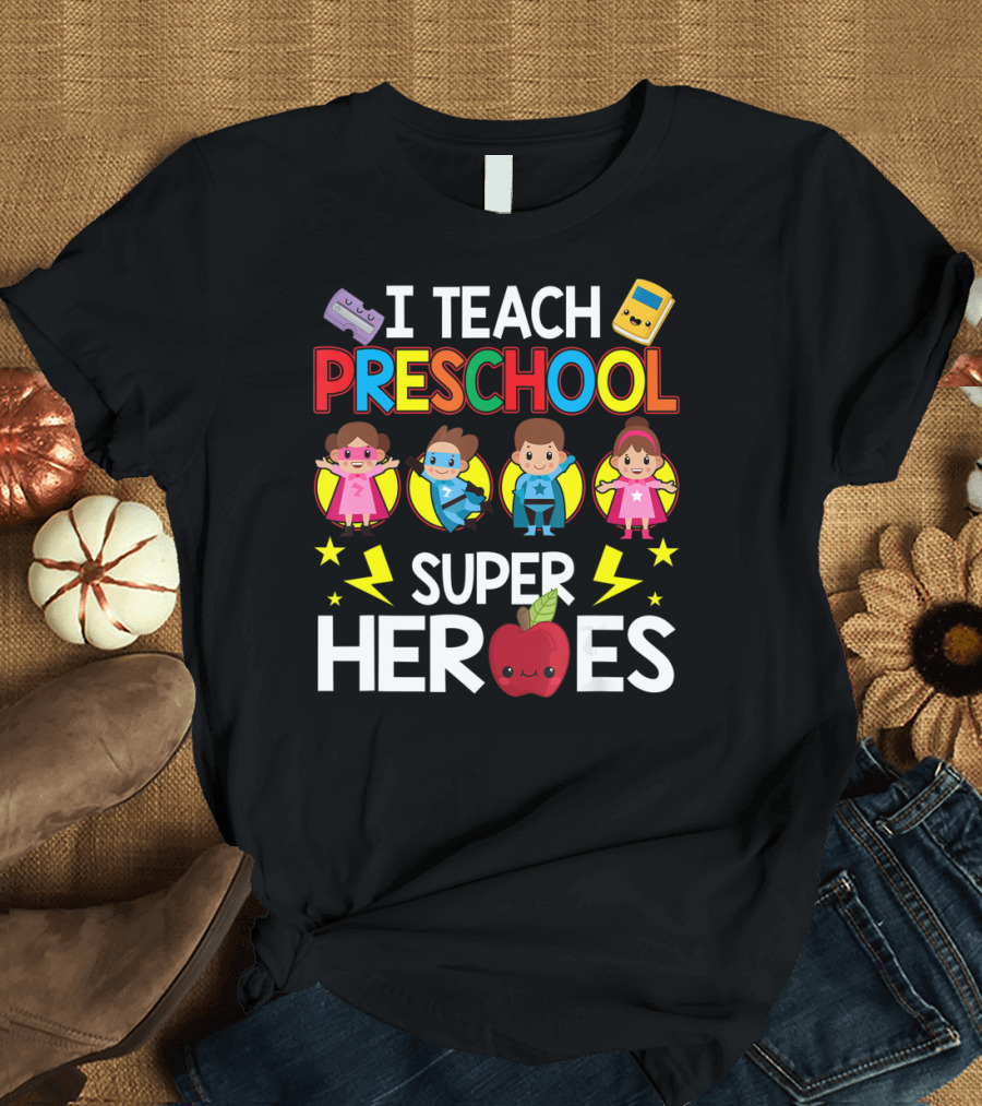 I Teach Preschool Superheroes Apple Lightning Blocks Calculators T-Shirt