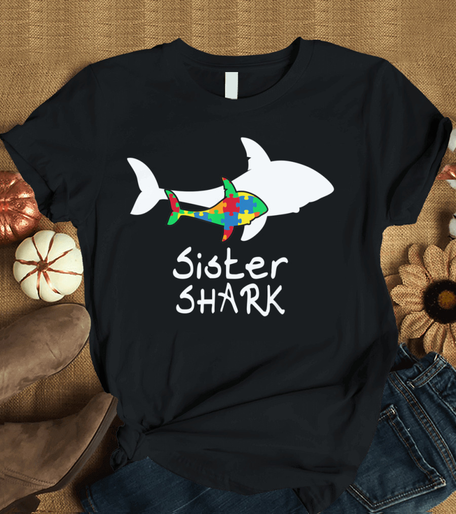 Sister Shark Autism Puzzle Piece Awareness T-Shirt