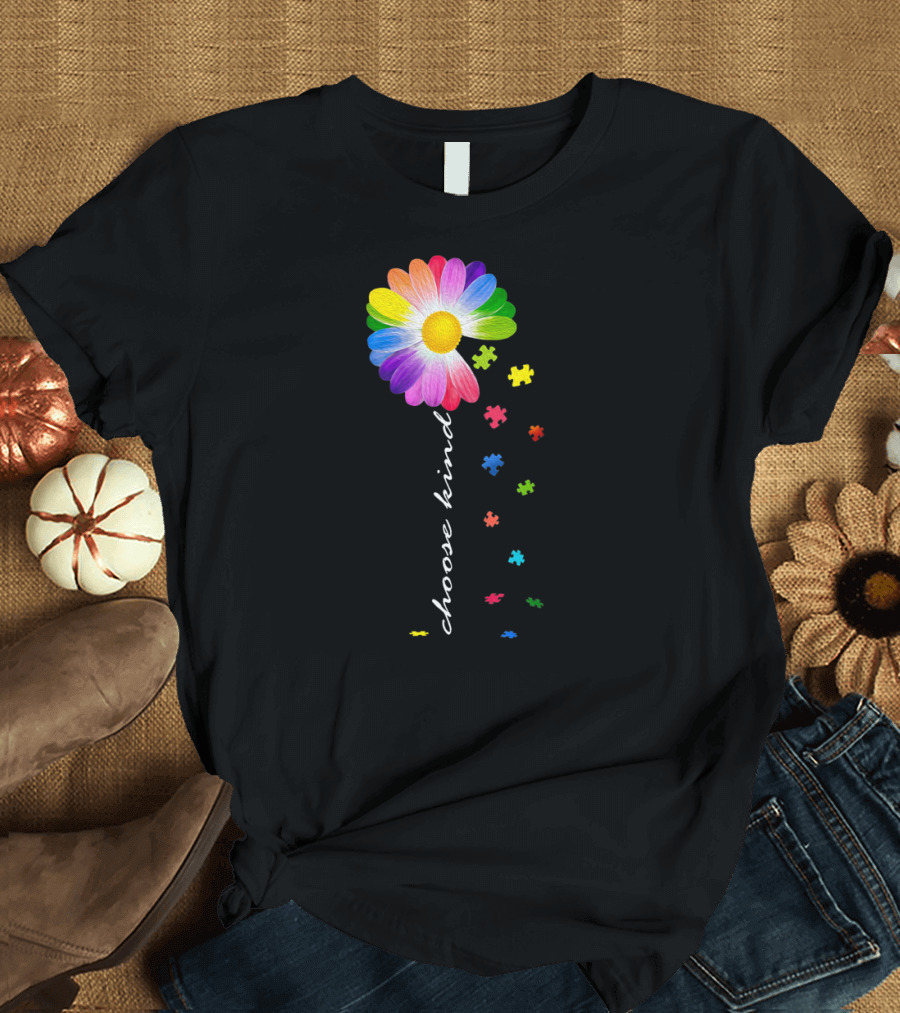 Choose Kind Rainbow Daisy Autism Awareness Puzzle Pieces T-Shirt