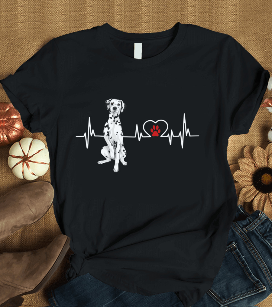 Dalmatian Heartbeat EKG Heart Paw Outline T-Shirt