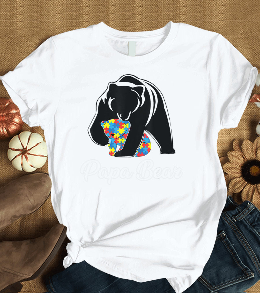 Papa Bear Autism Awareness Puzzle Bear Embrace T-Shirt