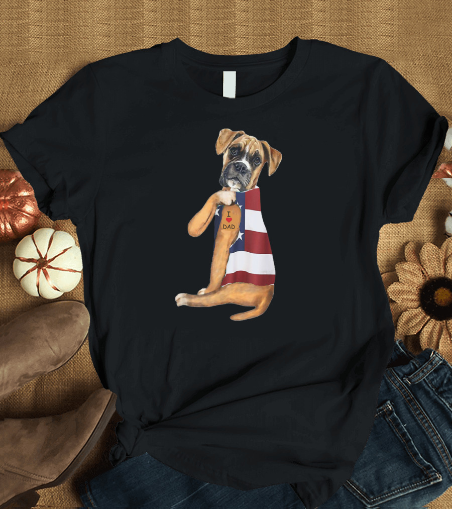 Boxer Dog I Love Dad American Flag T-Shirt