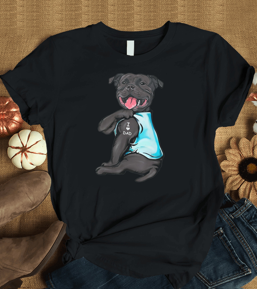 Staffordshire Bull Terrier I Love Dad Dog Blue T-Shirt
