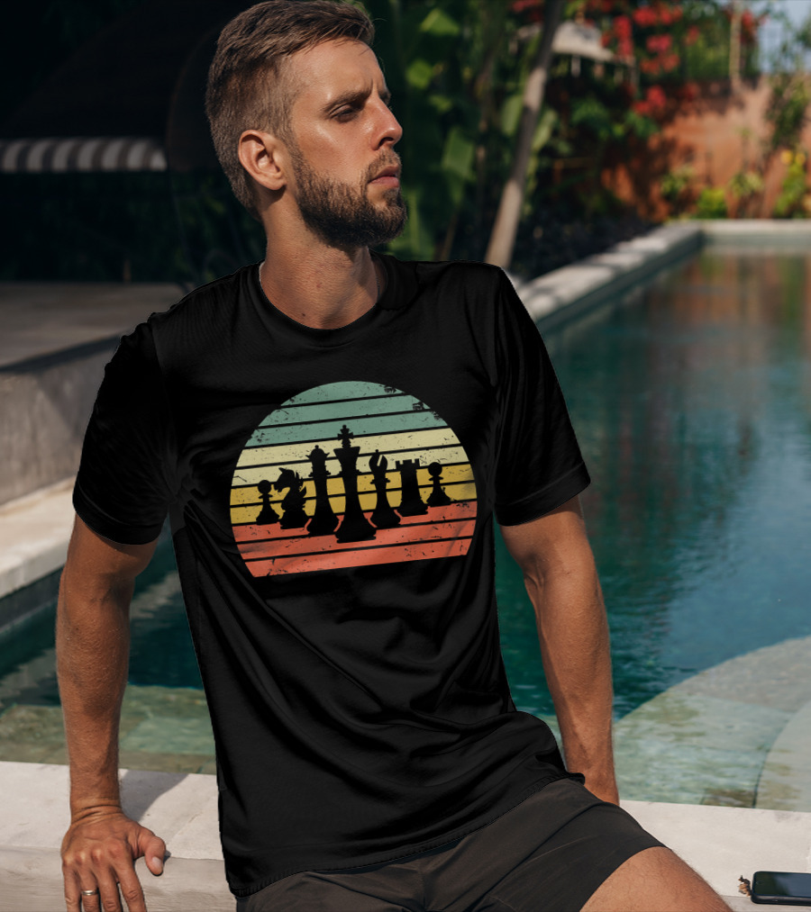 Chess Pieces Retro Sunset Stripes T-Shirt