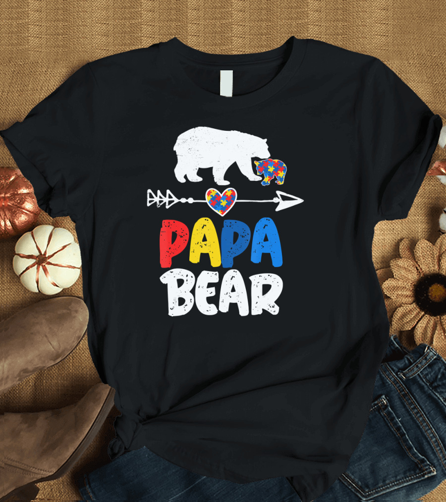 Papa Bear Autism Awareness Puzzle Arrow Heart T-Shirt