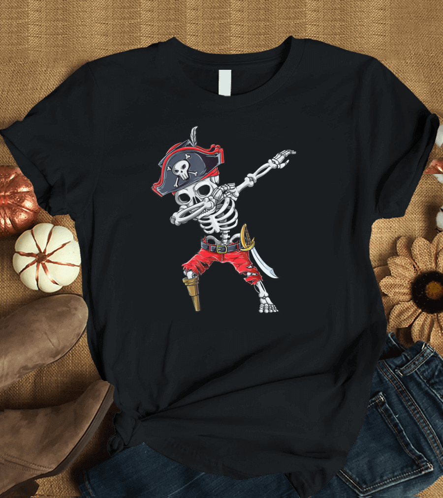 Dabbing Skeleton Pirate with Jolly Roger Hat and Peg Leg T-Shirt