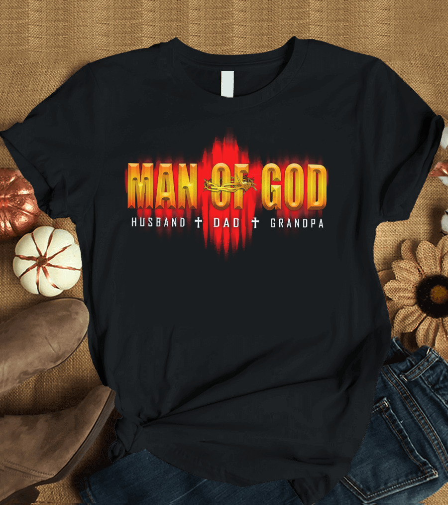 Man Of God Husband Dad Grandpa Cross Crown T-Shirt