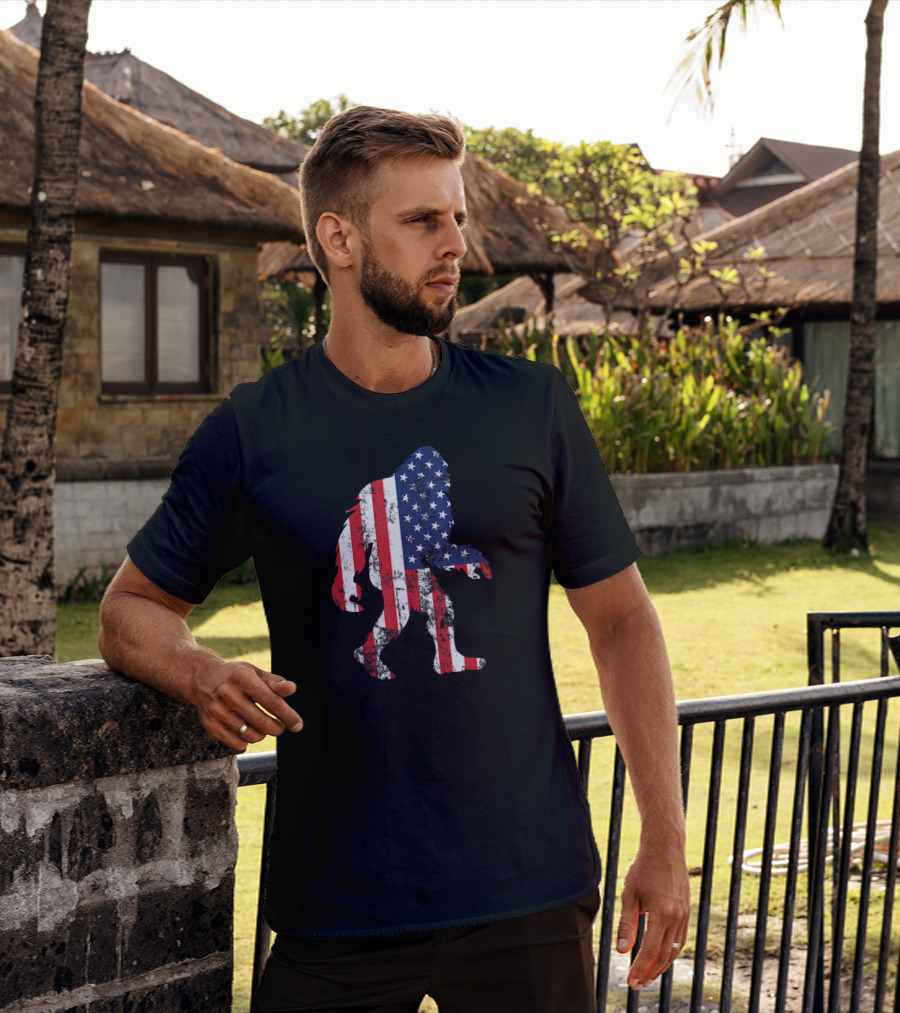 Patriotic Bigfoot Silhouette With American Flag Colors T-Shirt