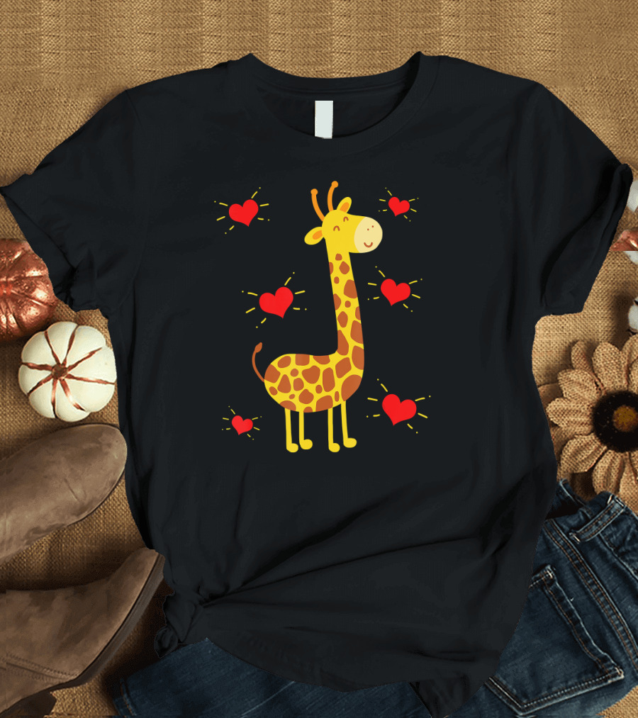 Giraffe Lover Heart Zookeeper With Cute Giraffe Surrounded By Red Hearts T-Shirt