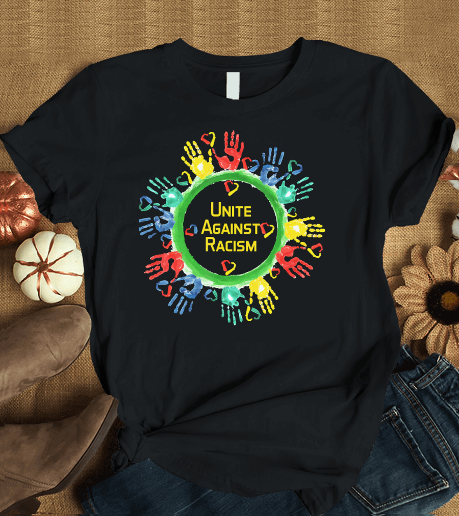 Unite Against Racism Colorful Handprints Circle with Hearts T-Shirt