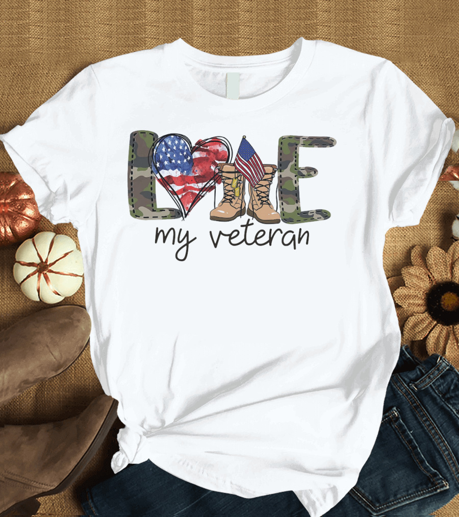Love Camouflage Heart Boots American Flag My Veteran T-Shirt