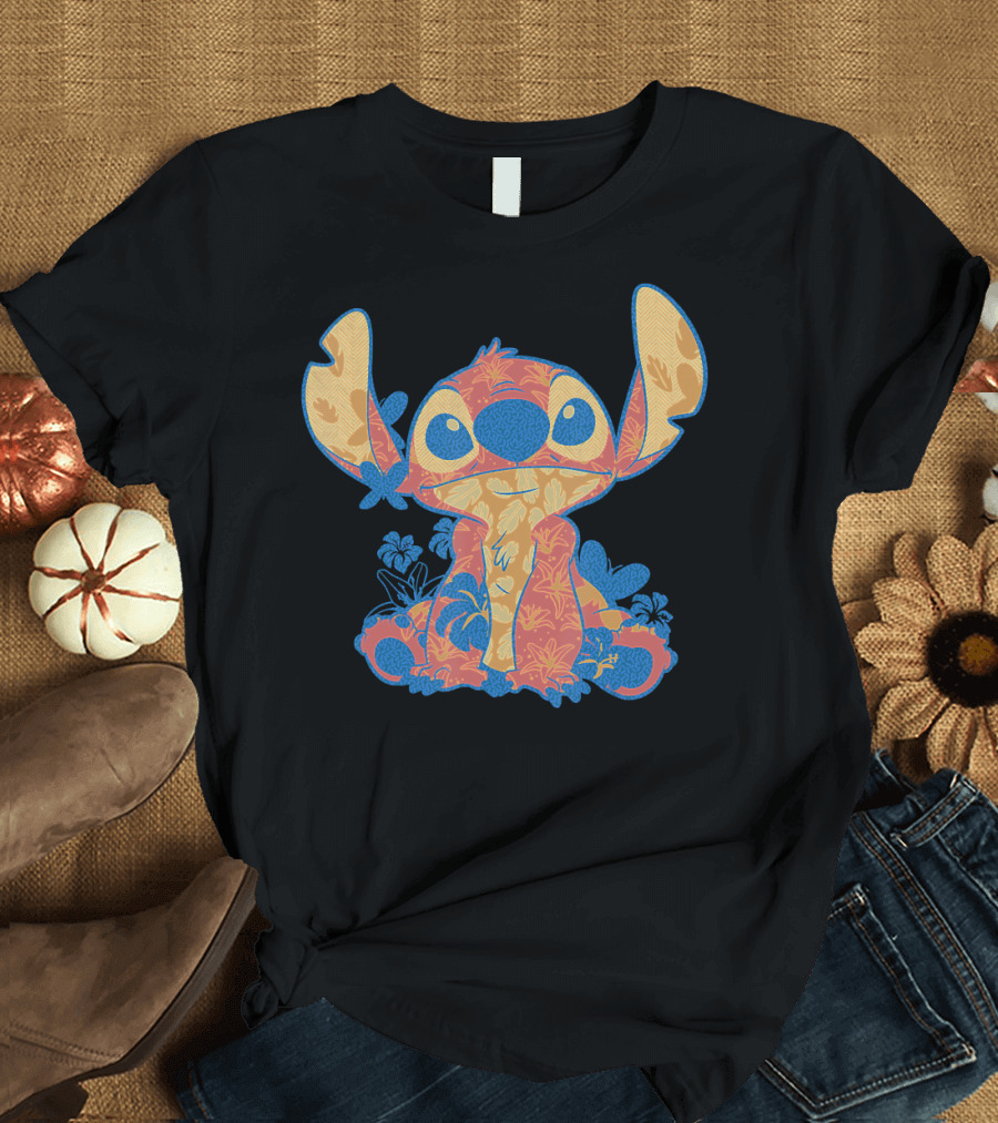 Disney Lilo Stitch Orange Blue Hawaiian Floral T-Shirt