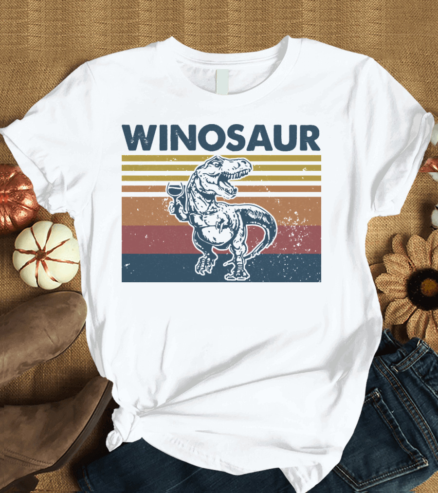 Winosaur Dinosaur with Wine Glass Retro Stripes T-Shirt