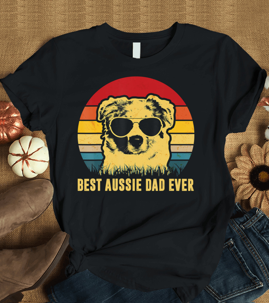 Best Aussie Dad Ever Vintage Dog Sunglasses Retro Stripes T-Shirt