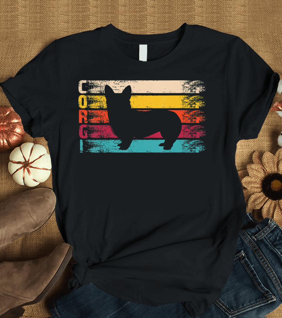 Distressed Vintage Corgi Silhouette Retro Stripes T-Shirt