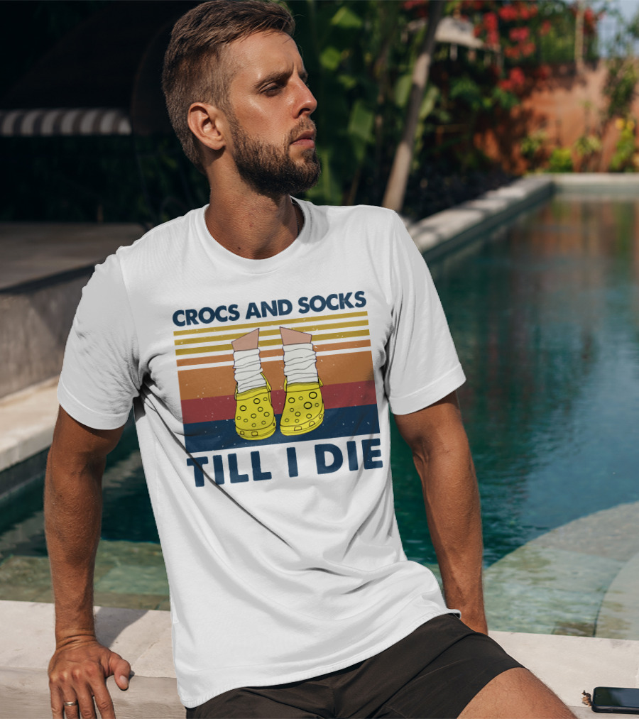 Crocs And Socks Till I Die Yellow Footwear Retro Stripes T-Shirt