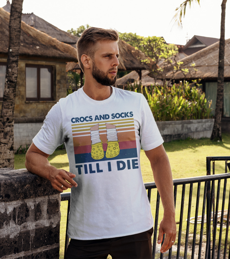 Crocs And Socks Till I Die Yellow Footwear Retro Stripes T-Shirt