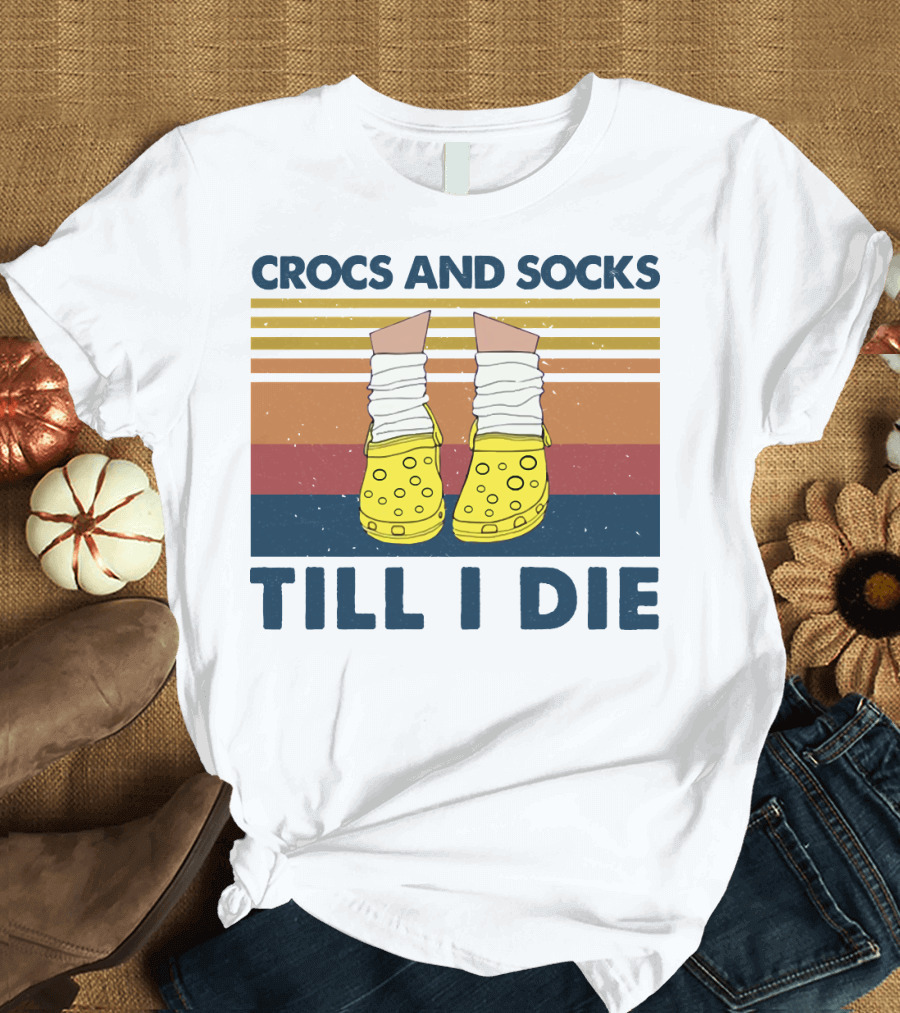 Crocs and Socks Till I Die Yellow Footwear Retro Stripes T-Shirt