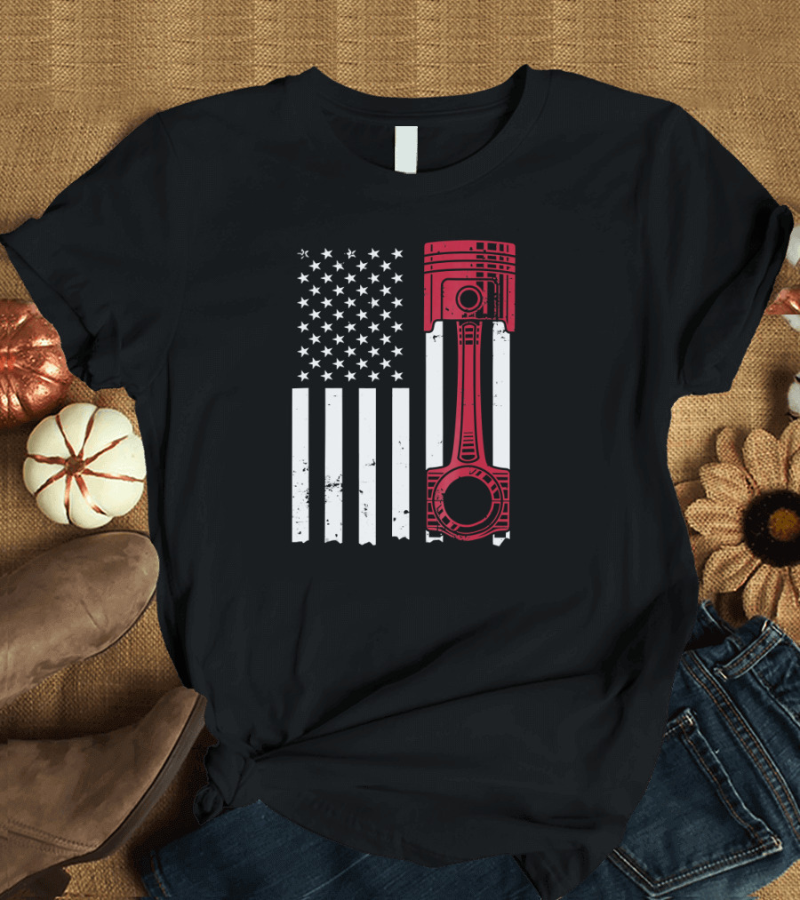 American Flag Piston Car Enthusiast Muscle T-Shirt