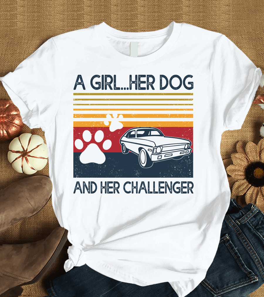 A Girl Her Dog And Her Challenger Vintage Car with Paw Prints T-Shirt