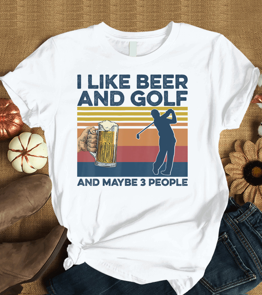 I Like Beer and Golf Maybe 3 People Retro Silhouette with Beer Mug T-Shirt