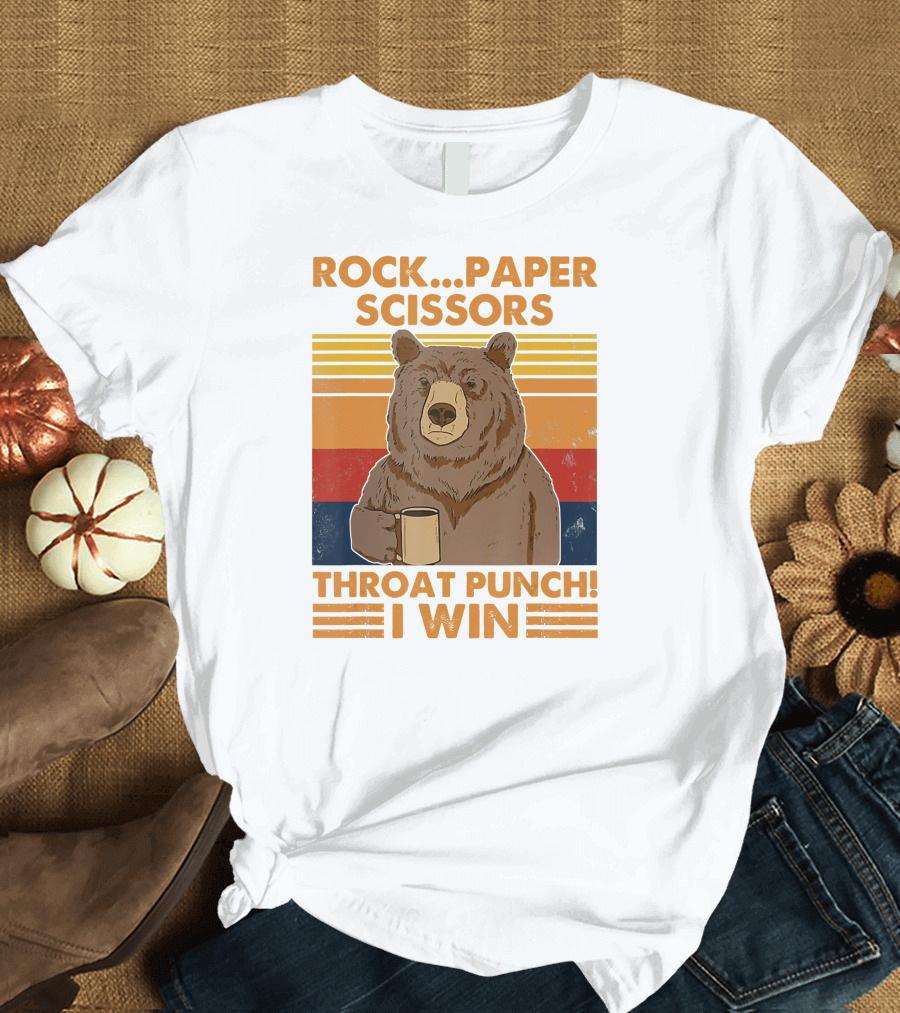 Rock Paper Scissors Throat Punch I Win Funny Bear Retro Style with Coffee Mug T-Shirt