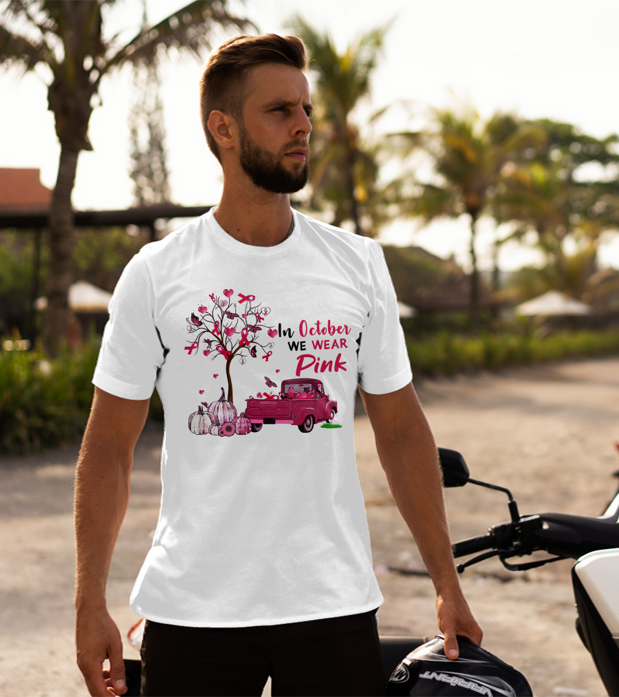 In October We Wear Pink Truck Pumpkins Breast Cancer Awareness T-Shirt
