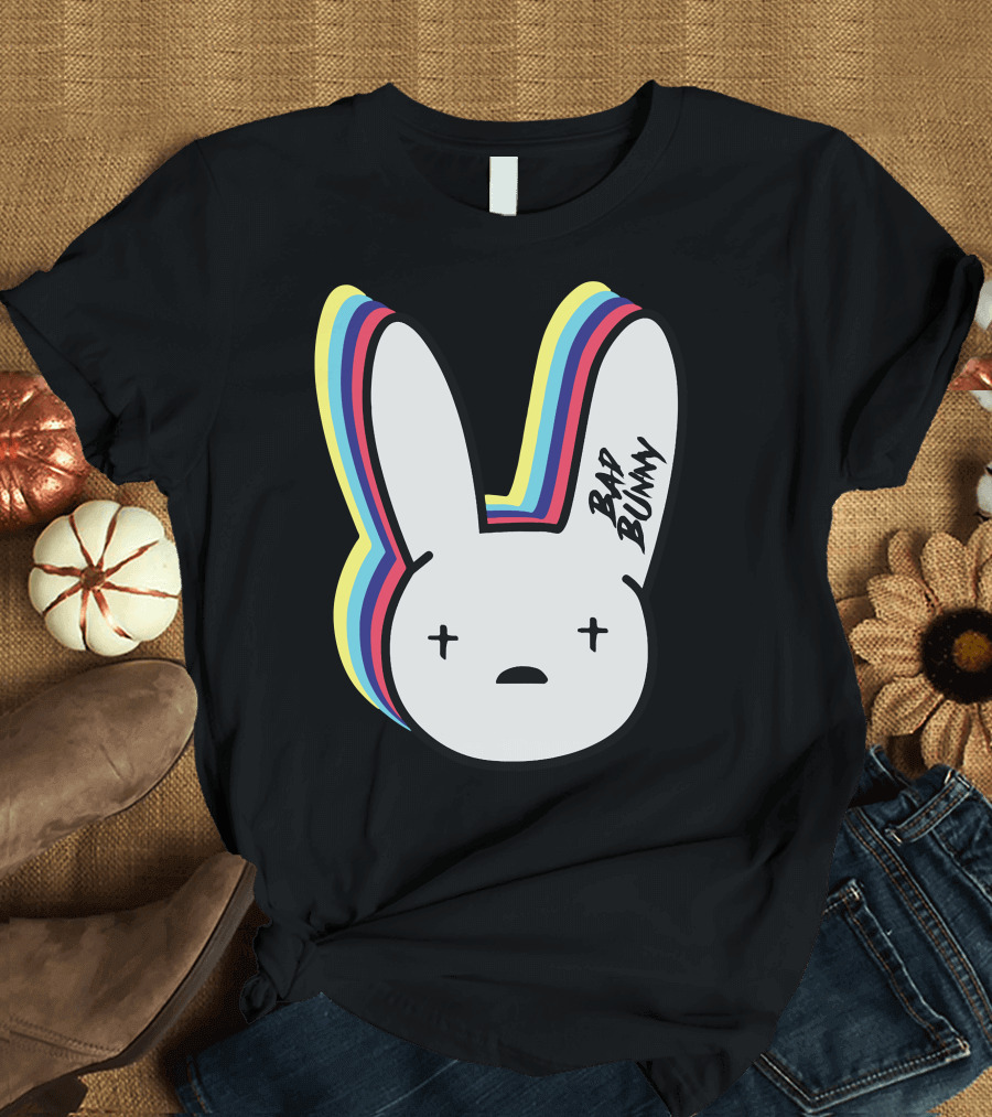 Bad Bunny Cross-Eyed Bunny Head Multicolor Outline T-Shirt